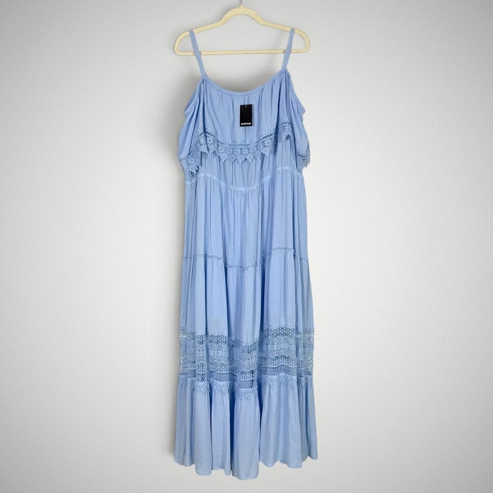 NWT Avenue Sophia Off Shoulder Maxi Dress Lace Trim Soft Blue Boho Size 26/28